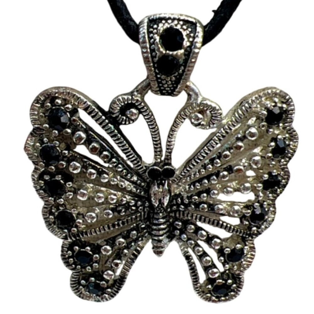 Black Butterfly Pendant Necklace & Two Black Bangle Bracelets. B100 - Picture 3 of 11